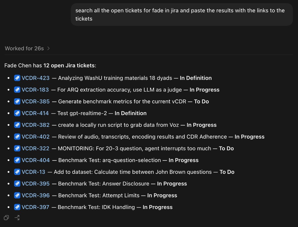Codex querying Jira through the Atlassian MCP server: one prompt returns 12 open tickets, each with a link